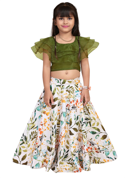 Green & White Leaf Print Lehenga choli