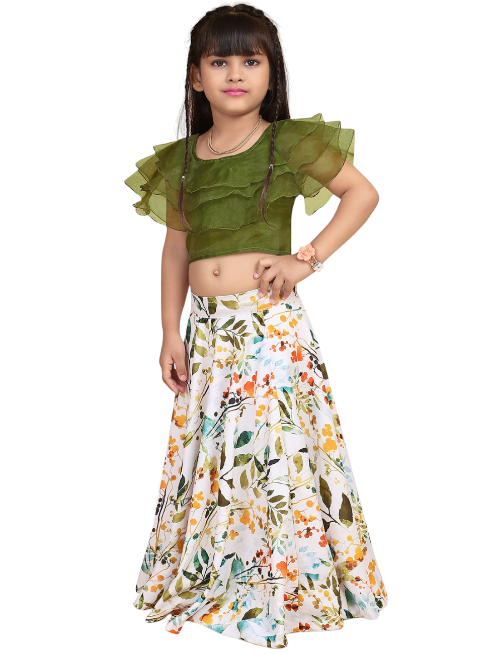 Green & White Leaf Print Lehenga choli