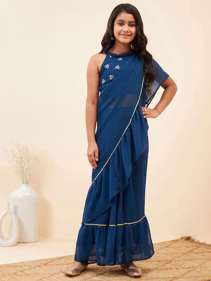 Blue & Gold Roses Blouse with Prestitched Saree