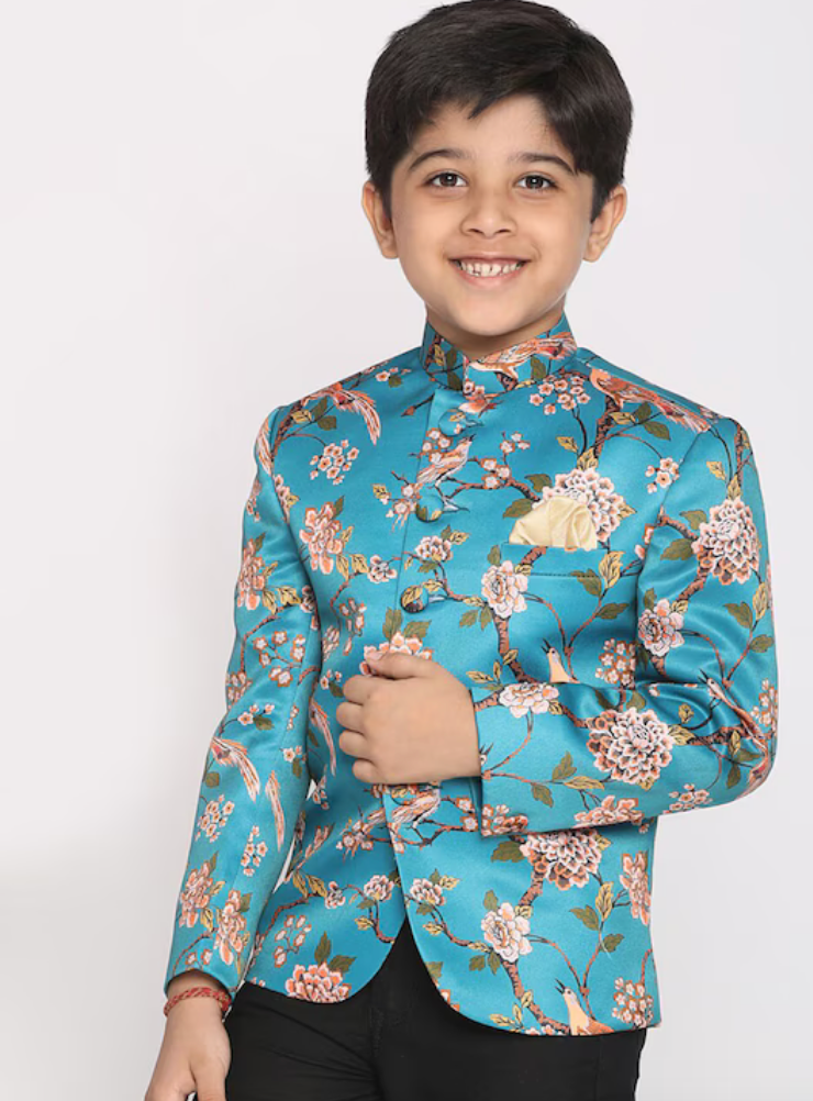 Turquoise Blue Floral Jodhpuri Slim-fit Blazer