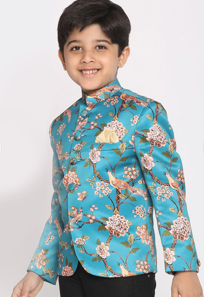 Turquoise Blue Floral Jodhpuri Slim-fit Blazer