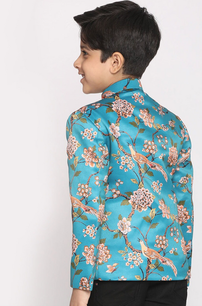 Turquoise Blue Floral Jodhpuri Slim-fit Blazer