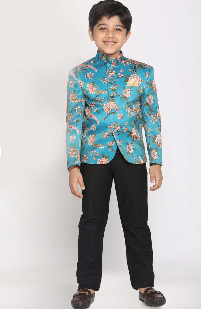 Turquoise Blue Floral Jodhpuri Slim-fit Blazer