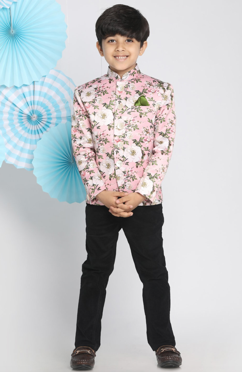 Pink & White Floral Slim-Fit Jodhpuri Blazer