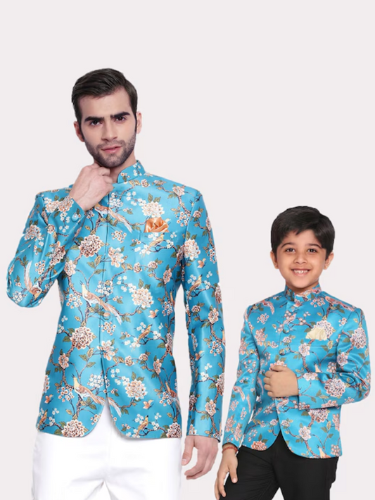 Turquoise Blue Floral Jodhpuri Slim-fit Blazer